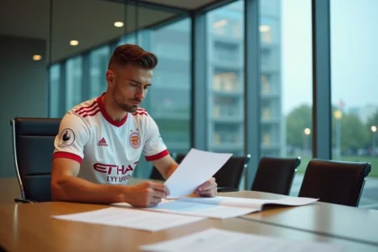 Joueur de football professionnel examinant un contrat de salaire dans un bureau moderne