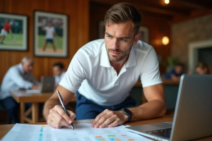 Joueur de tennis masculin analysant son calendrier de tournois et ses points de classement dans un club de tennis