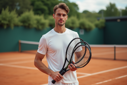 Jeune joueur de tennis avec trois raquettes sur court en extérieur