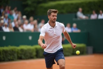 Joueur de tennis en pleine action sur terre battue