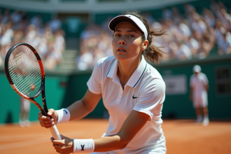 Joueur de tennis en plein service sur court extérieur ensoleille