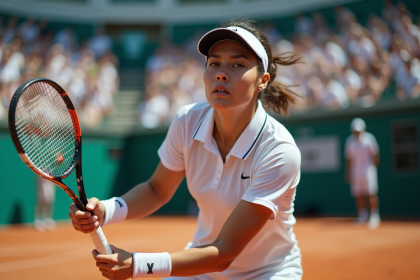 Joueur de tennis en plein service sur court extérieur ensoleille