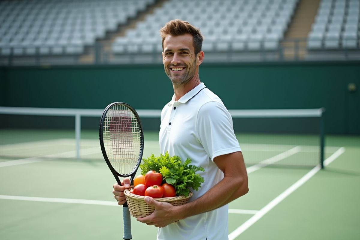 Jeune joueur de tennis avec panier de légumes sur court