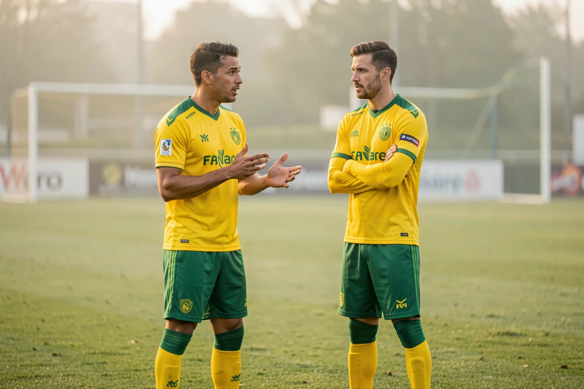 Deux joueurs de football en tenue d'entraînement discutant sur le terrain du FC Nantes, évoquant les rumeurs de transfert et le mercato