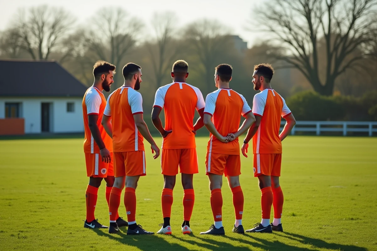 Joueurs amateurs de football en Vendée réunis en cercle pour une discussion tactique lors d'une séance d'entraînement collective