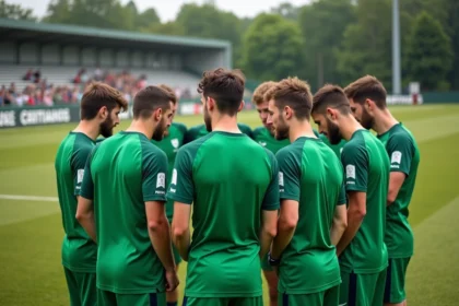 Joueurs de football amateurs du district de la Sarthe réunis en cercle avant un match sur un terrain herbeux