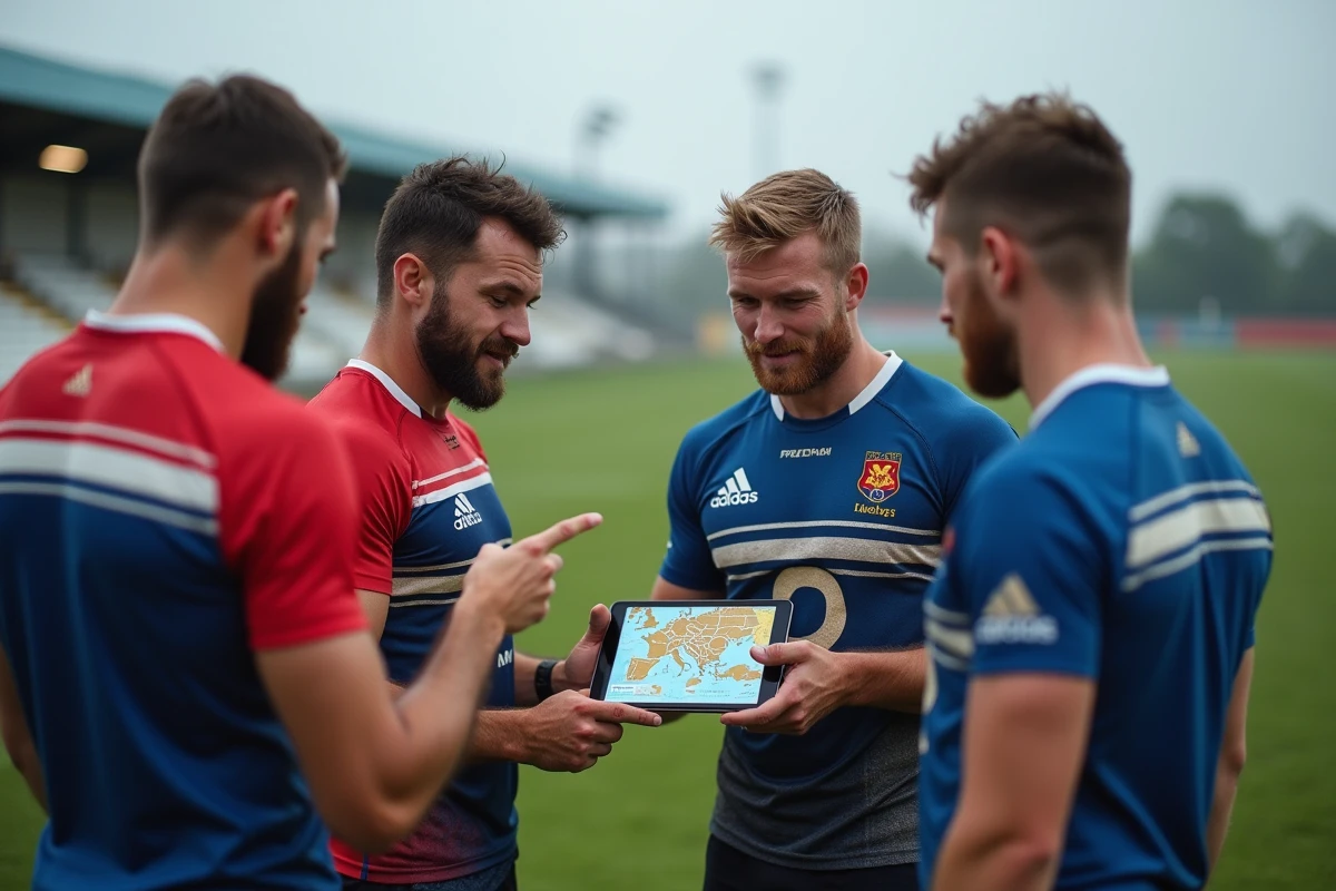 Joueurs de rugby en club régional français consultant une carte numérique des divisions sur un terrain d'entraînement