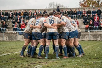Joueurs de rugby Nationale 2 en mêlée fermée sur un terrain régional lors d'un match de poule