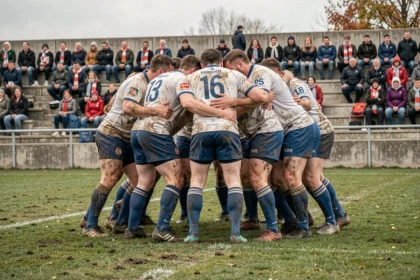Joueurs de rugby Nationale 2 en mêlée fermée sur un terrain régional lors d'un match de poule