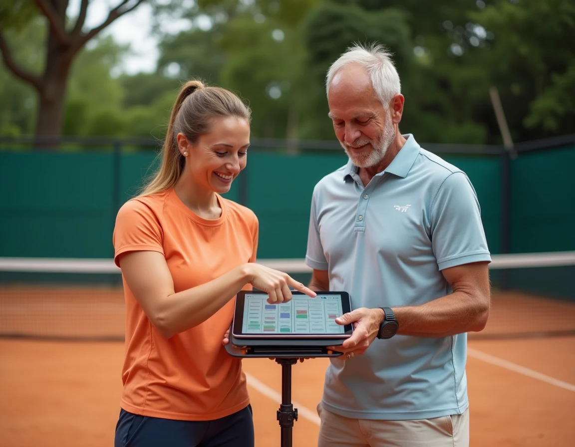 Deux joueurs de tennis amateurs planifiant leur calendrier de tournois sur tablette au bord d'un court en terre battue