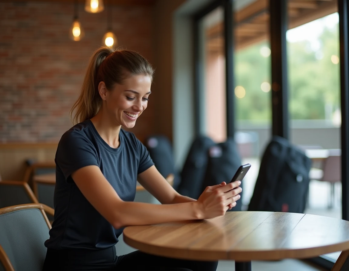 Joueuse de padel consultant une application de calcul de points P100 sur smartphone dans un club sportif