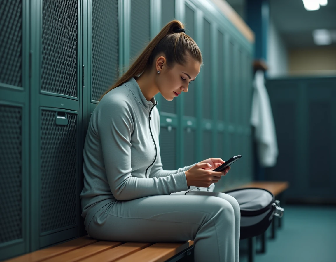 Joueuse de tennis consultant une application de classement P100 sur son smartphone dans un vestiaire de club