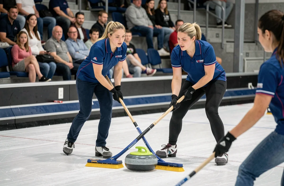 Deux joueuses de curling balayant énergiquement la glace avec leurs balais pour guider la pierre lors d'un match