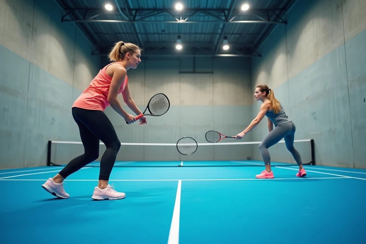 Deux joueuses de padel en action sur un terrain indoor en gazon bleu, illustrant le choix du terrain selon le niveau intermédiaire
