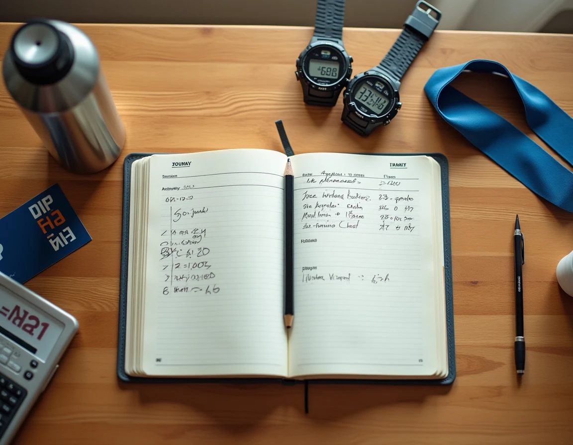 Vue en plongée d'un journal d'entraînement de running avec des calculs d'allure écrits à la main en min/km, une montre GPS et un dossard de course sur une table en bois