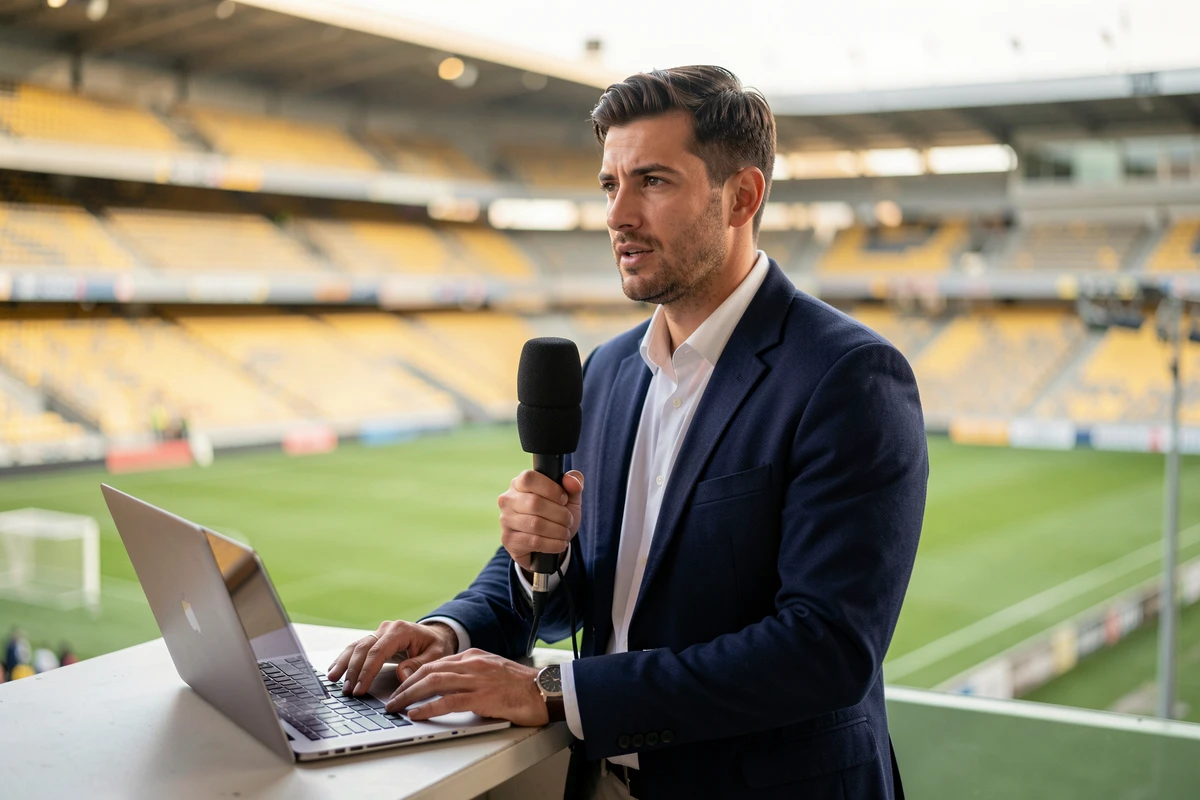 Journaliste sportif en tribune de presse dans un stade de football vide, en train de commenter les rumeurs de transfert du FC Nantes