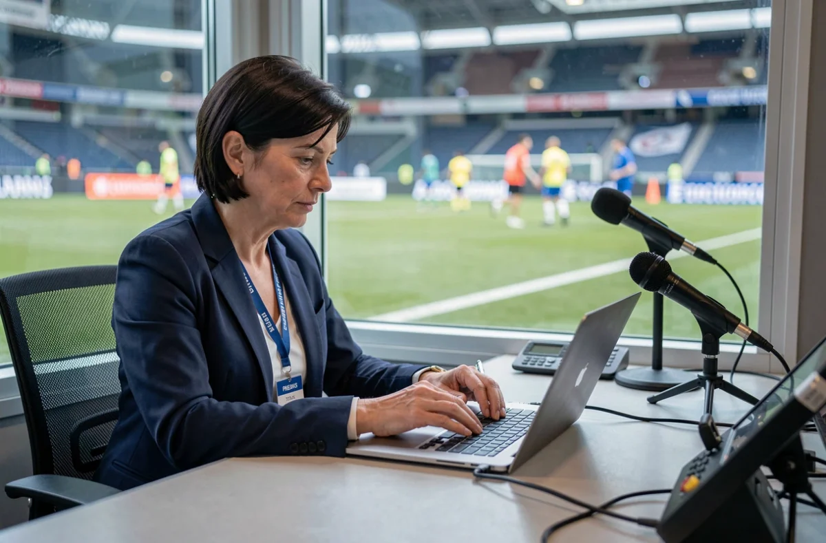 Journaliste sportive en tribune de presse au stade du FC Nantes pendant un match, prenant des notes sur ordinateur