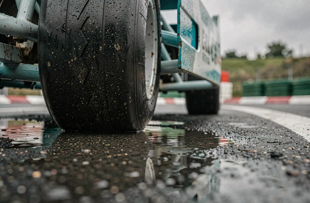 Gros plan sur le pneu et le châssis d'un kart mouillé sur circuit sous la pluie