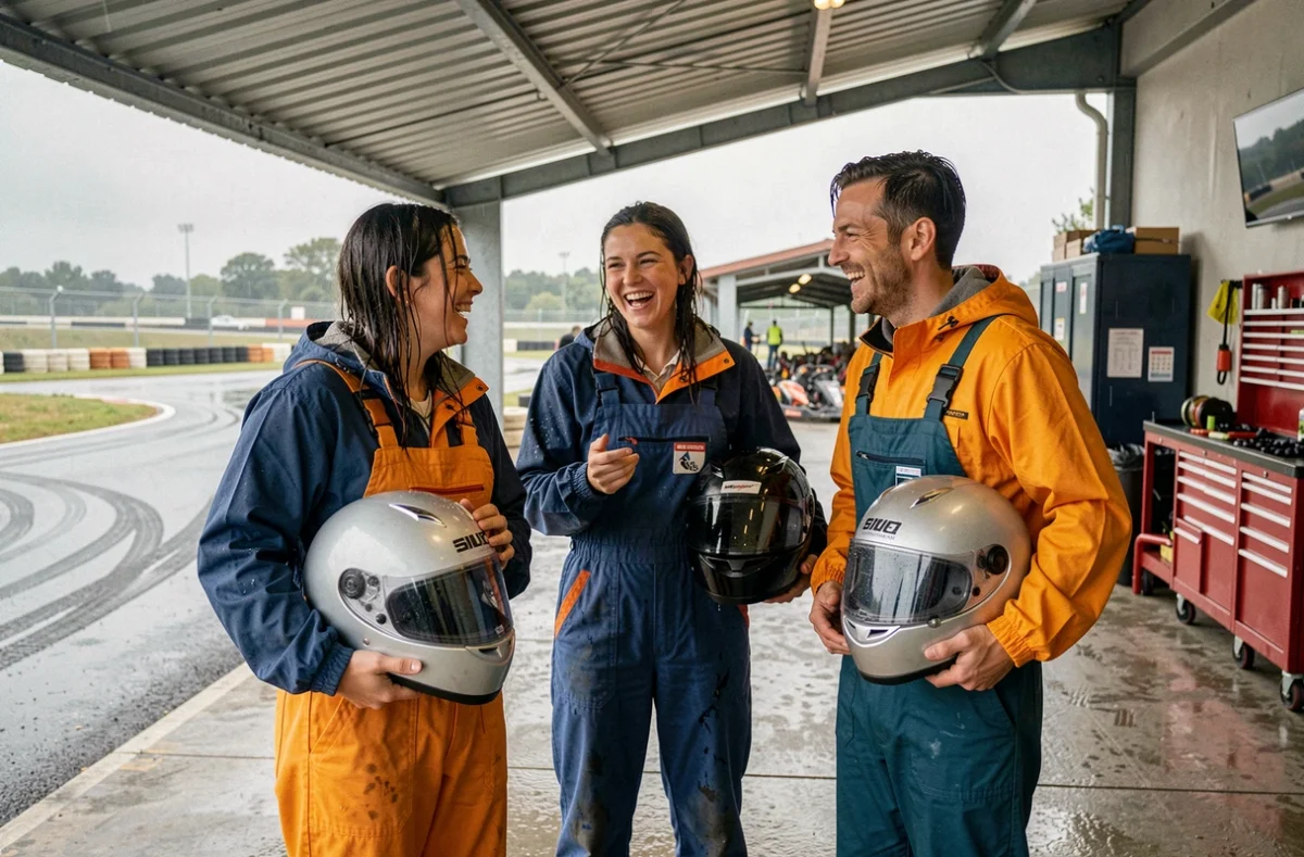 Groupe d'adultes en tenue de karting sous un abri de stand lors d'une session pluvieuse à Niort