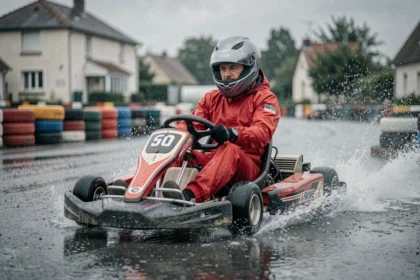 Pilote de karting en combinaison imperméable rouge sur un circuit mouillé sous la pluie à Niort