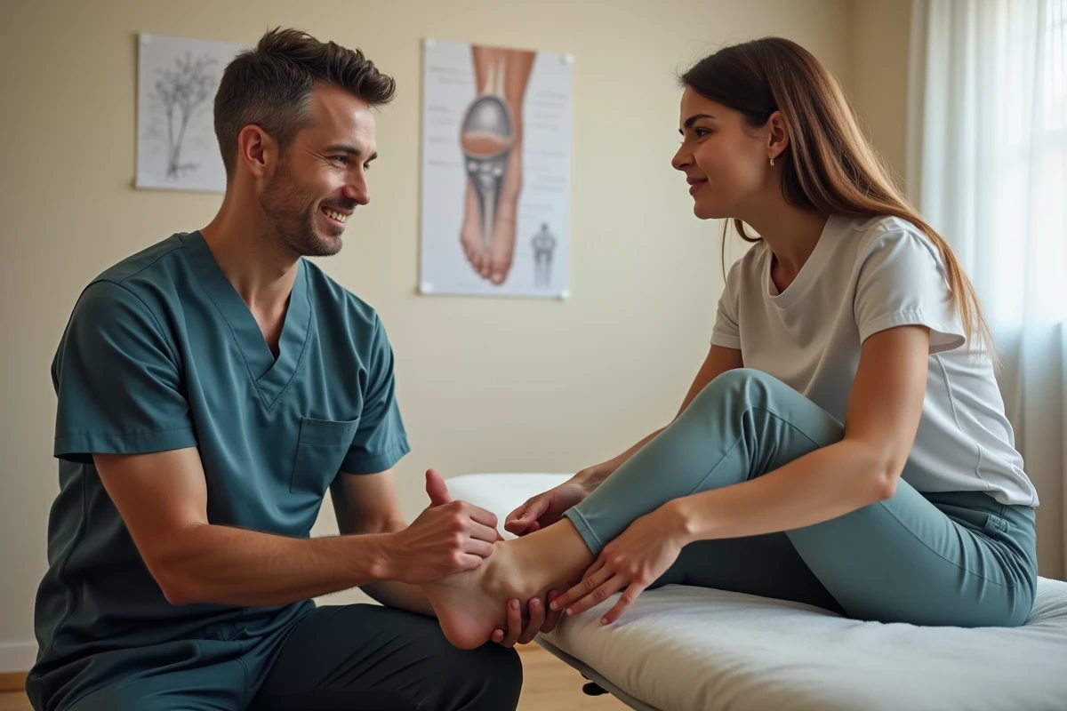 Kinésithérapeute expliquant la pronation du pied à une patiente lors d'une consultation en cabinet de physiothérapie