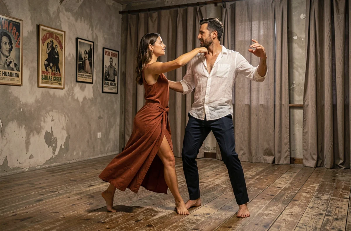 Duo de danseurs contemporains en répétition dans l'espace intimiste de La Clandestine à Strasbourg, avec une atmosphère artistique underground