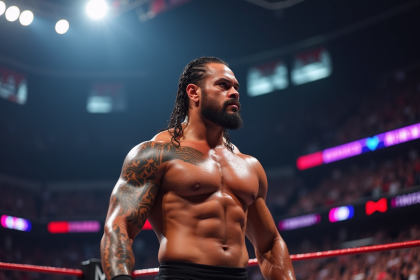 Lutteure samoan confiant dans une arene moderne avec tatouages