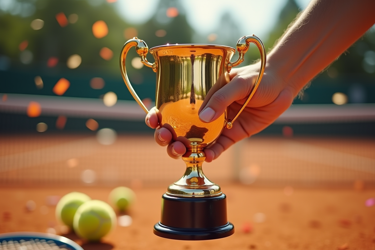 Main du vainqueur tenant un trophée brillant sur court de tennis