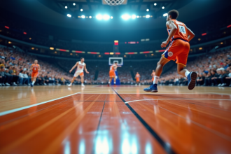 Action en direct sur un terrain de basketball lors d'un match