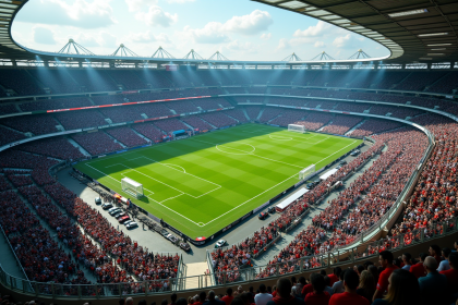 Vue aérienne d'un match de football dans un stade bondé avec trafic et parkings