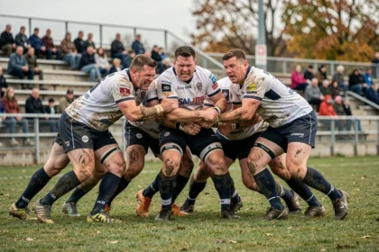 Mêlée serrée entre deux équipes de rugby Fédérale 1 lors d'un match du week-end dans un stade régional