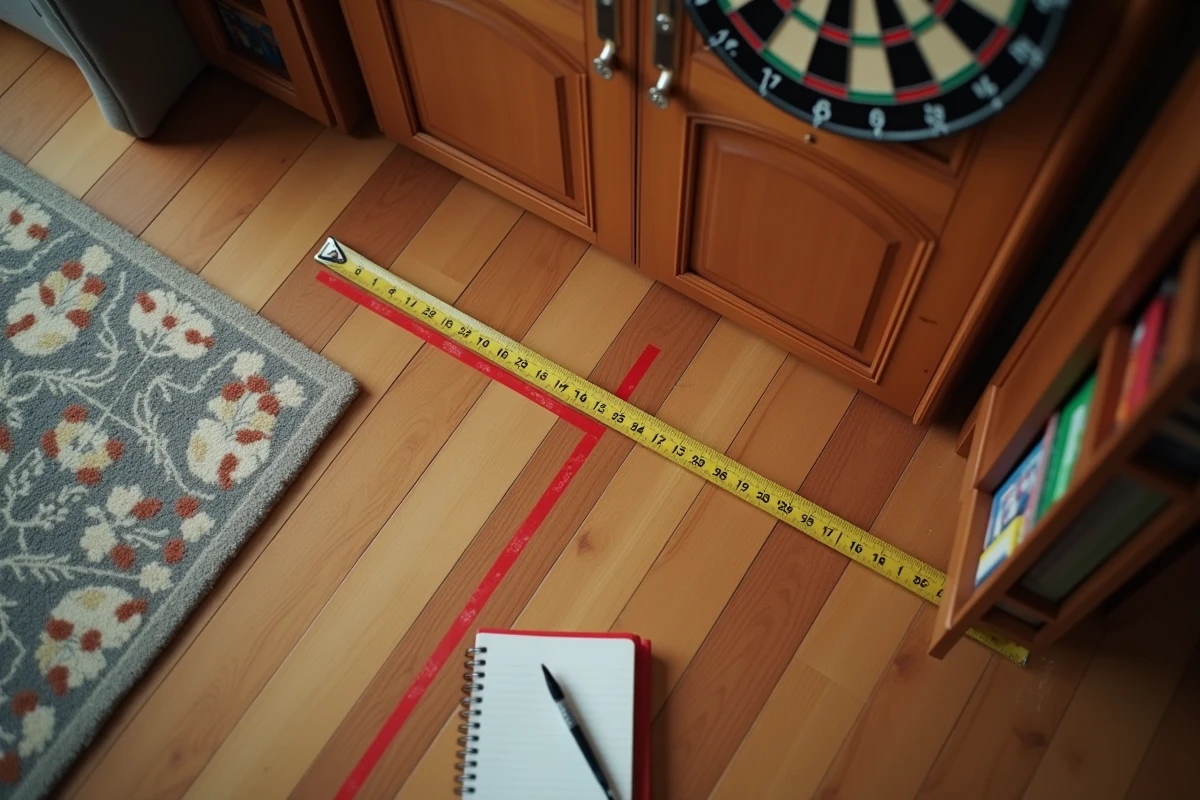 Vue plongeante d'un mètre ruban mesurant la distance réglementaire pour installer un jeu de fléchettes à la maison