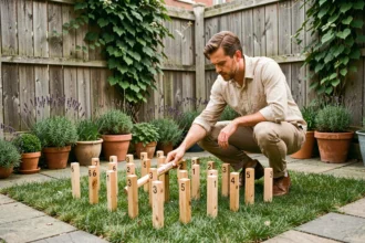 Partie de Mölkky adaptée dans un petit jardin urbain avec quilles en bois numérotées sur pelouse courte