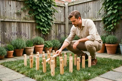 Partie de Mölkky adaptée dans un petit jardin urbain avec quilles en bois numérotées sur pelouse courte