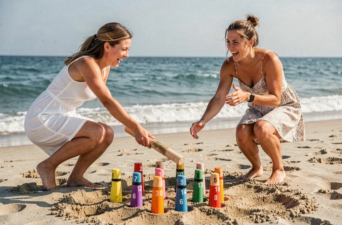 Joueurs de Mölkky sur une plage de sable avec les quilles adaptées au terrain instable en bord de mer