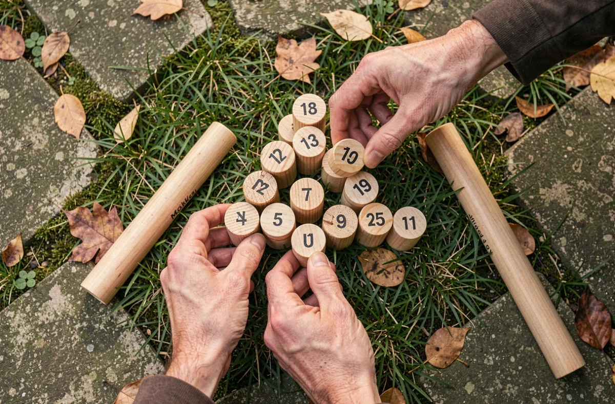 Vue de dessus d'une disposition compacte de quilles Mölkky numérotées pour s'adapter à un espace réduit de jardin