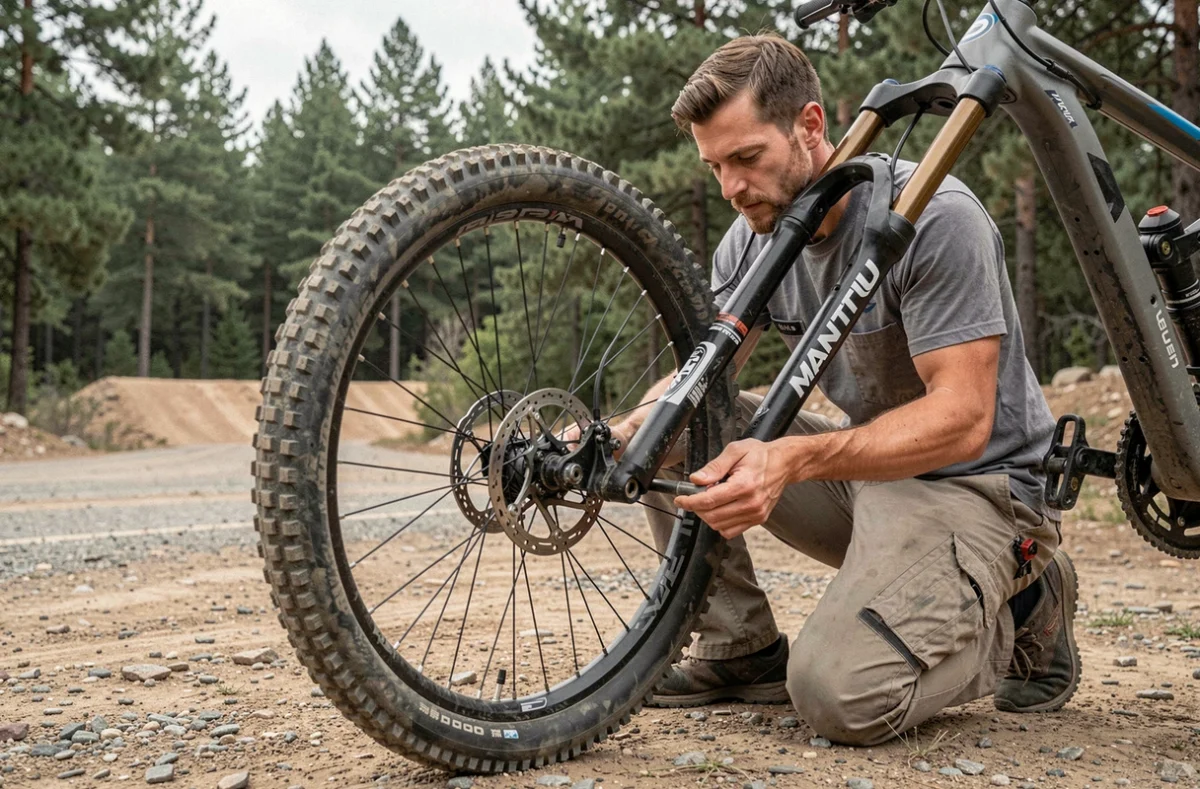 Mécanicien vélo installant une roue dans une fourche Manitou Comp sur un sentier en forêt, avec axe traversant visible