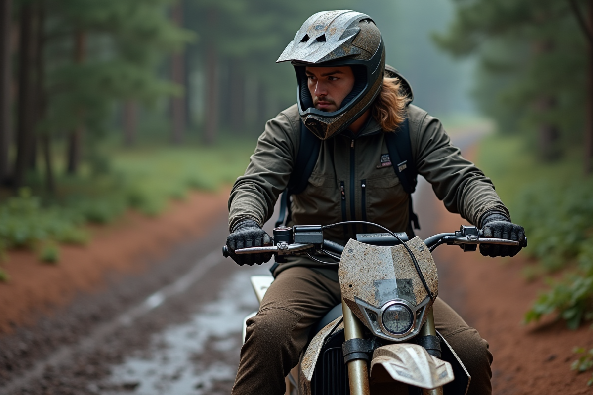 Jeune homme en équipement tout-terrain sur moto en forêt
