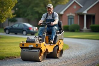 Ouvrier de construction utilisant une plaque vibrante sur une allée
