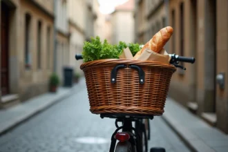 Panier vélo professionnel en osier monté sur un porte-bagages arrière avec courses bien rangées dans une rue pavée européenne