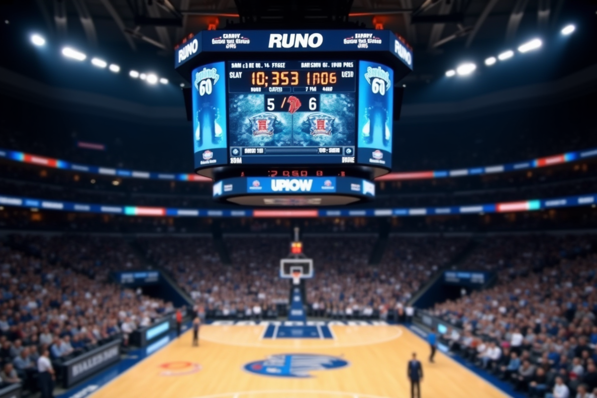 Tableau de score au-dessus du terrain de basketball dans les gradins