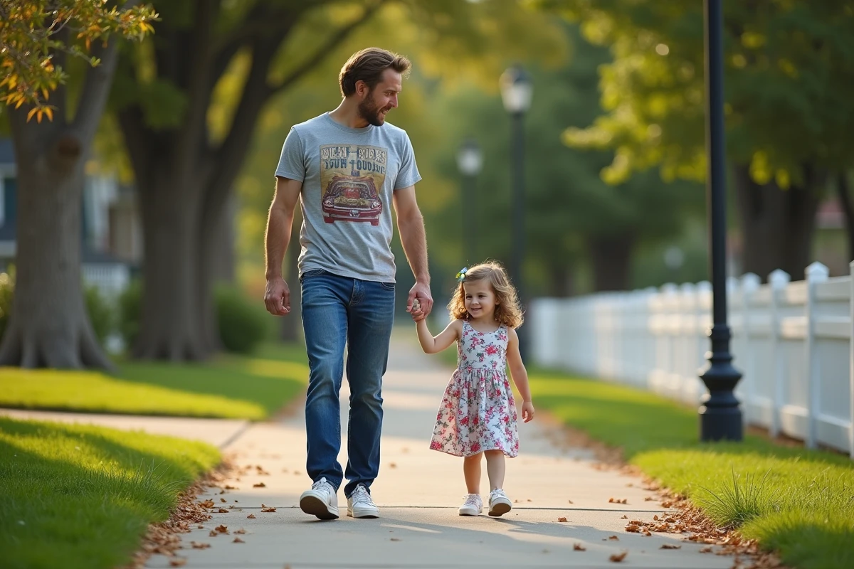 Père et fille marchant main dans la main dans la rue