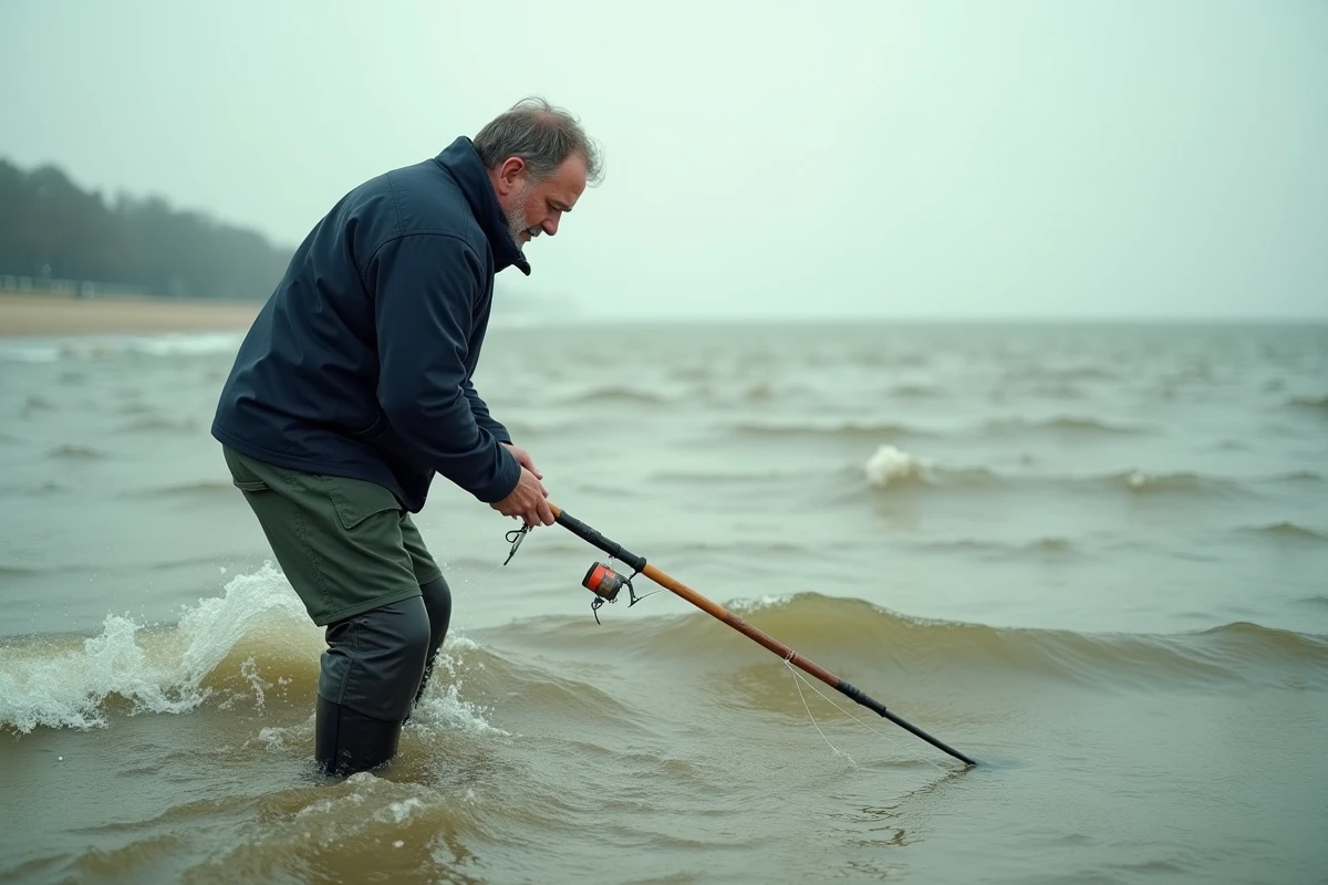 Pêcheur au surfcasting dans un estuaire en courant fort, maintenant le contact avec le fond sableux