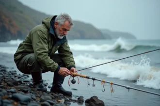 Pêcheur en surfcasting assemblant un montage bar spécial courant fort sur une côte rocheuse atlantique
