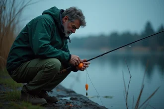 Pêcheur homme en veste verte prépare un appât au bord du lac