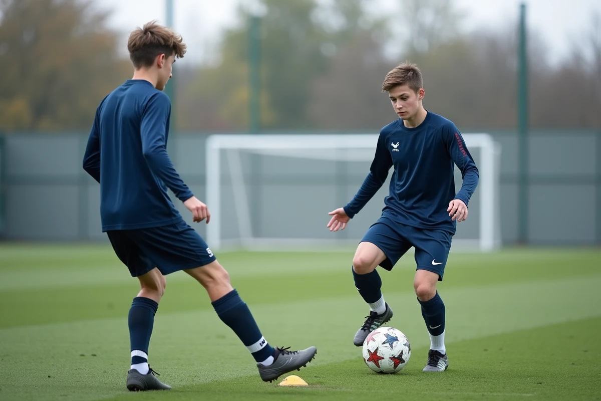 Deux jeunes joueurs formés au PSG en duel défensif lors d'un exercice d'entraînement sur le terrain