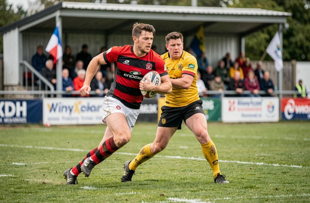Joueur de rugby Fédérale 1 en pleine percée ballon en main lors d'un match du week-end