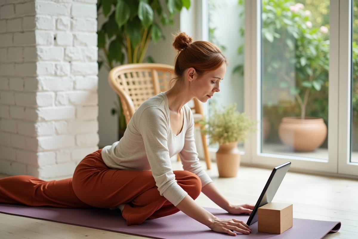 Femme d'âge mûr pratiquant le Pilates en suivant une séance vidéo gratuite sur tablette dans un salon lumineux