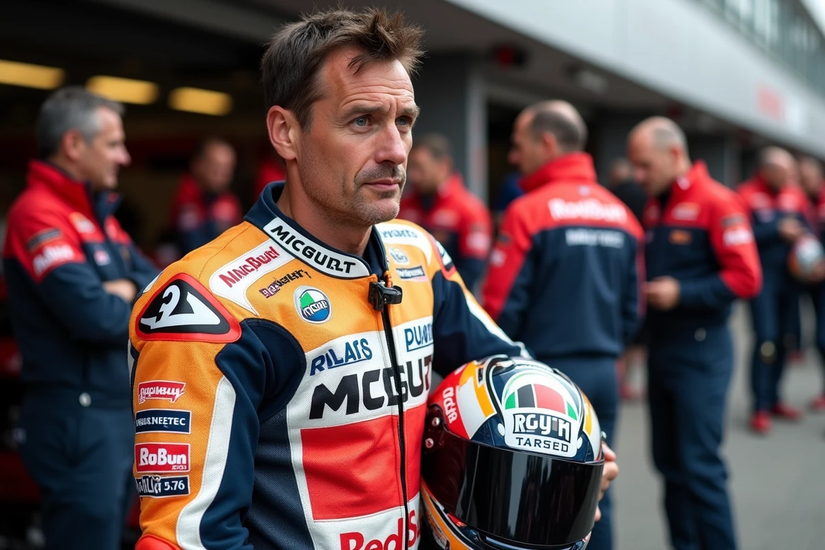 Champion MotoGP retirant son casque dans le stand après un duel intense en Grand Prix