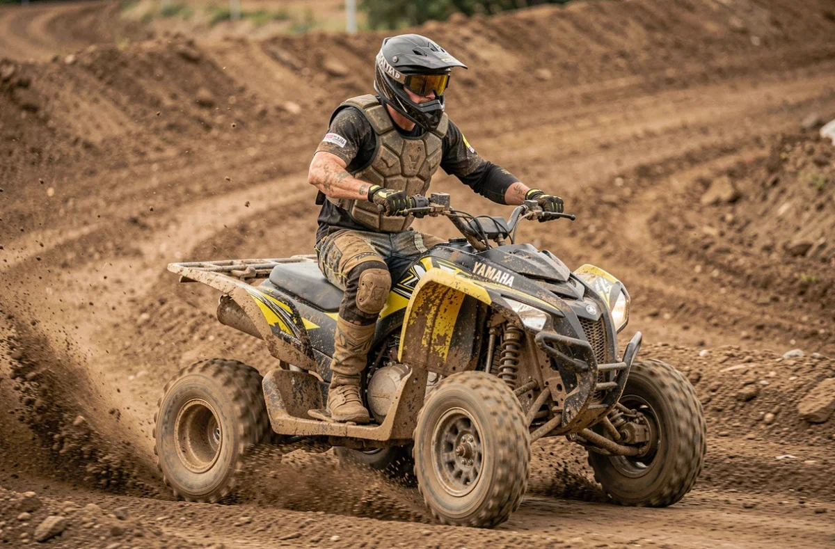 Pilote en action sur un Yamaha Raptor 700 dans un virage de piste en terre, avec projection de boue et posture de conduite sportive